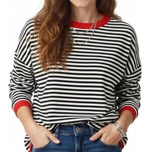 Women’s Long Sleeve Striped Sweater Crewneck Color Block Black White Red Trim